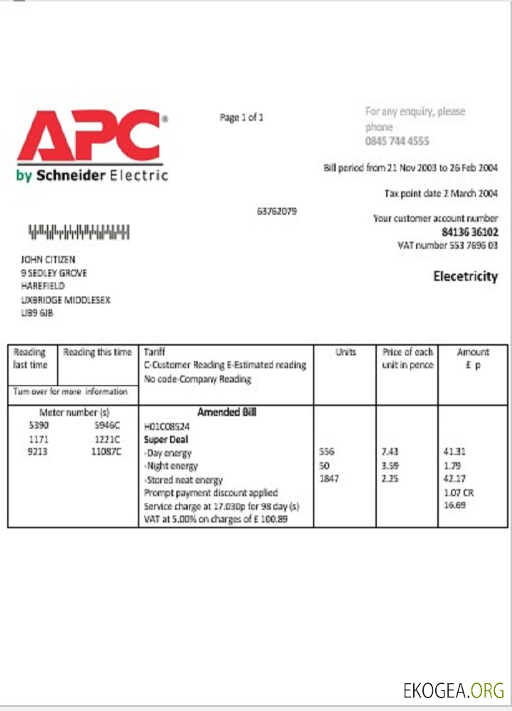 United Kingdom APC electricity utility bill template in Word and PDF format